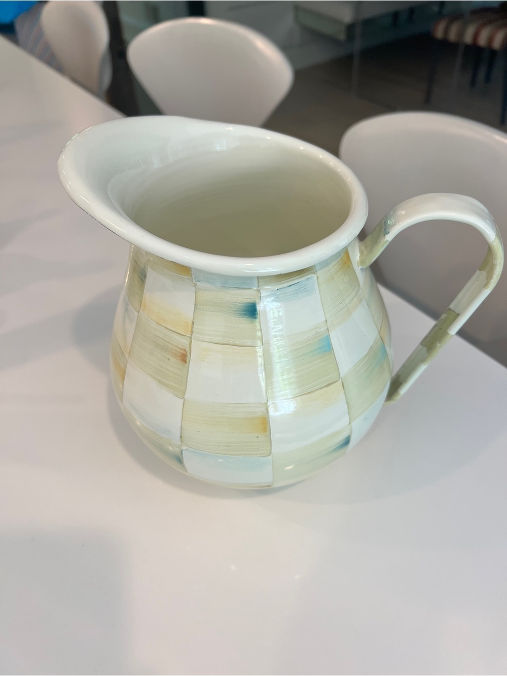 Mackenzie-Childs Checkered Ceramic Pitcher in Cream and Pale Green